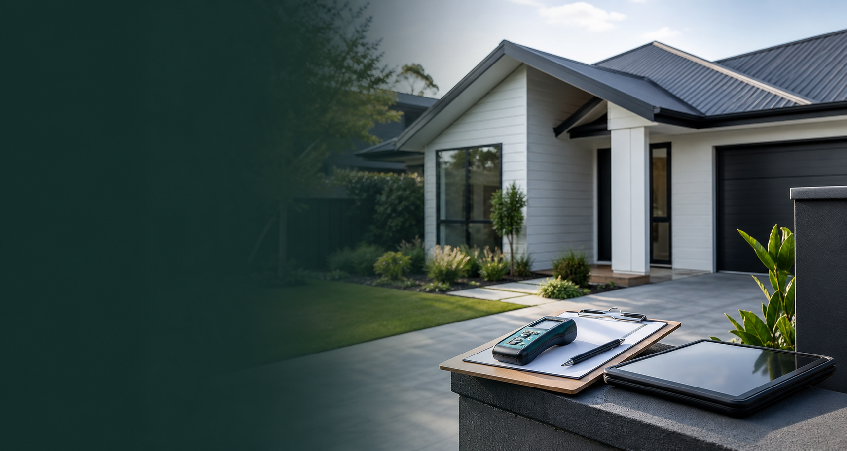 A tidy home exterior with property inspection tools ready for a report